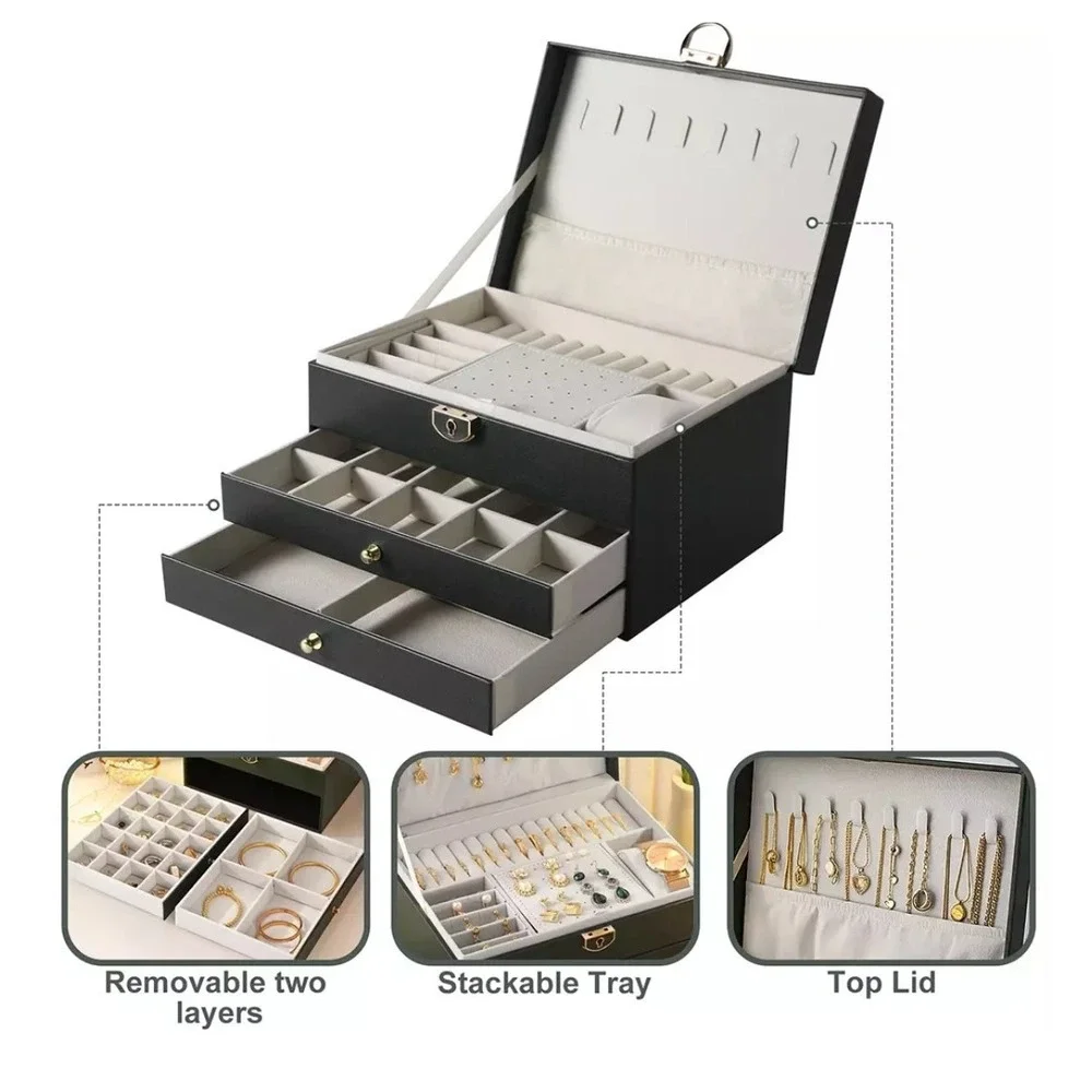 Green Jewellery Box Leather Storage‎ Case Drawer Cabinet Necklace Organizer